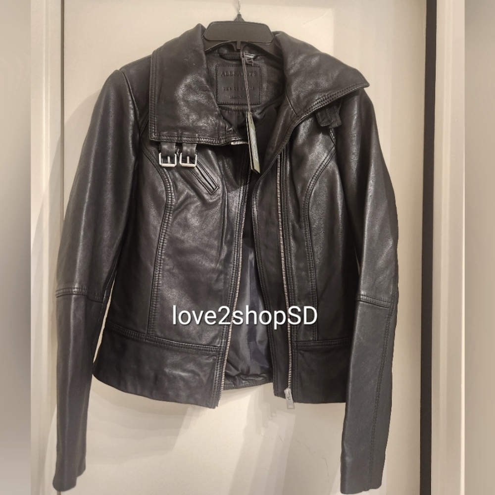 AllSaints Belvedere Biker Leather Jacket Size US 4 NWT Black - Picture 9 of 12